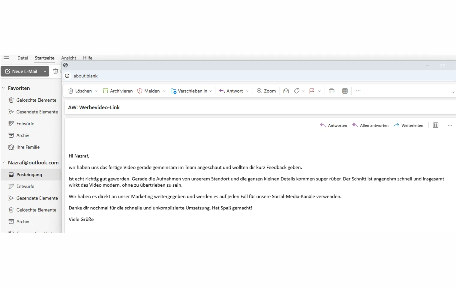 E-Mail-Feedback zu einem Werbevideo